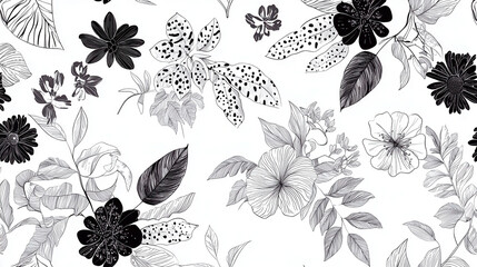 Beautiful floral pattern featuring intricate black and white illustrations of various flowers and leaves, creating harmonious design
