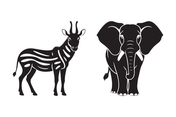 Silhouette of a zebra and an elephant on a white background