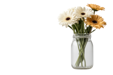Vibrant Gerbera Daisies: An eye-level shot captures a selection of radiant gerbera daisies elegantly arranged in a transparent glass jar, exuding joy and vitality. 