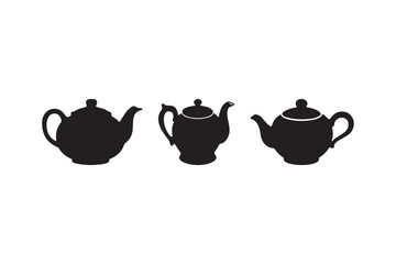 Three classic black teapots silhouetted against a white background