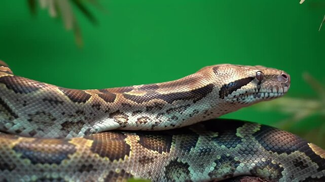 Majestic Boa Constrictor or Python Close-up: Detailed View of Intricate Scale Patterns Against a Vibrant Green Background, Wildlife Photography