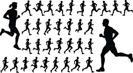 Silhouette of runners, jogging sequence, fitness poses, exercise movement, marathon training, sports action, health activity, athlete icons, editable vector, stock illustration
