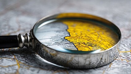 Magnifying glass over a vintage map, focusing on a geographical area