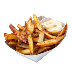Crispy golden fries served in paper container with side of creamy dip, perfect for snacking or sharing. Enjoy delicious crunch and flavor
