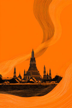 A minimal abstract line rendering of Wat Arun temple, showcasing flowing contours and traditional Thai elegance.
