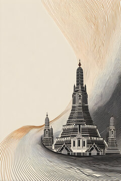A minimal abstract line rendering of Wat Arun temple, showcasing flowing contours and traditional Thai elegance.