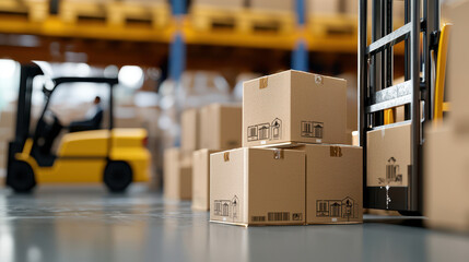 Efficient forklift operation in warehouse with stacked cardboard boxes, showcasing logistics and storage solutions