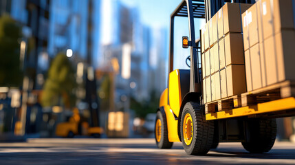 Naklejka premium Forklift transporting boxes in urban setting, showcasing efficiency and productivity in logistics