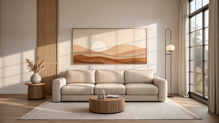 Obraz premium Modern living room with beige sofa and abstract landscape art