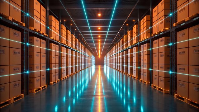 Futuristic warehouse with glowing data streams and stacked boxes - Powered by Adobe