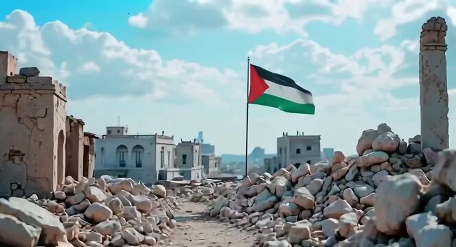 a Palestinian flag waving against a bright sky, atop the rubble of a damaged stone building in Gaza.