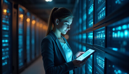 Data Center Technician Analyzing Server Performance Using a Digital Tablet