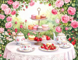 バラ咲く庭で楽しむエレガントなアフタヌーンティー

