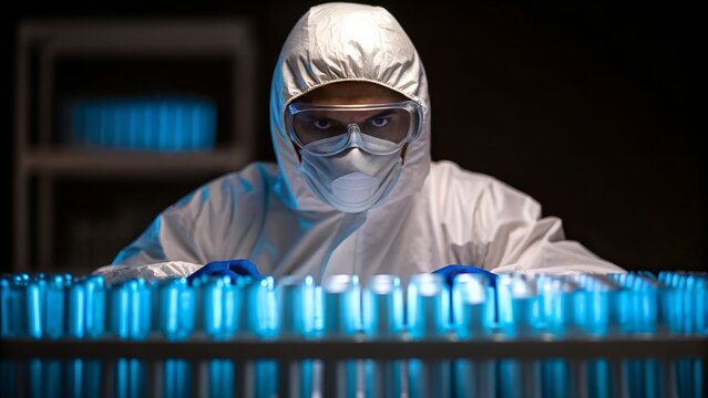 Scientist in hazmat suit examines glowing blue test tubes in laboratory