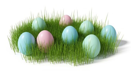 Pastel easter eggs nestled in fresh green grass