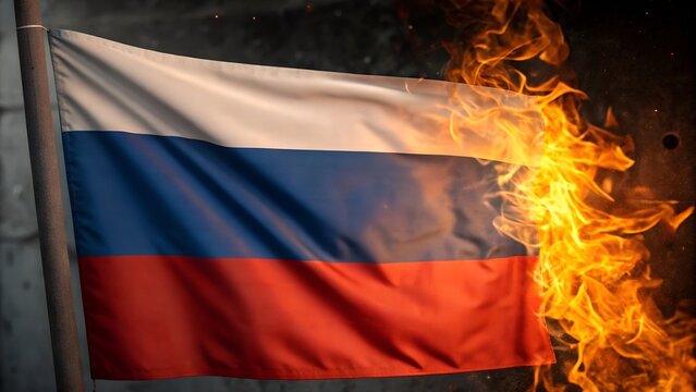 Russian flag engulfed in flames against dark background