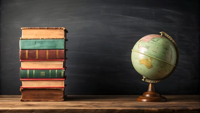Vintage books and globe on wooden desk against blackboard - Powered by Adobe