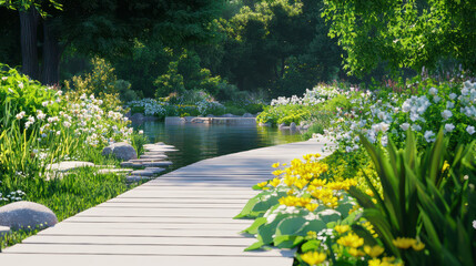 Obraz premium Serene garden pathway lined with vibrant flowers and lush greenery, leading to tranquil water body, evokes sense of peace and harmony
