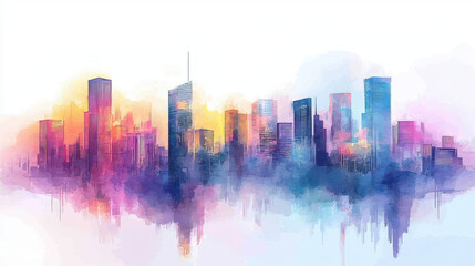 Fototapeta premium Vibrant watercolor city skyline with colorful hues blending beautifully, creating dreamy atmosphere