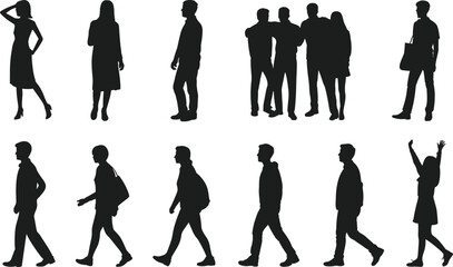 Silhouette people collection, walking, standing, interacting, diverse poses, isolated figures, white background, casual, business, social, vector design, stock illustration