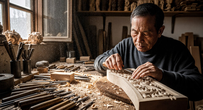 A master artisan carving an intricate design into wood, an authentic, documentary-style portrait of traditional craftsmanship and dedication.