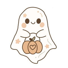 Fototapeta premium Cute Ghost Holding Pumpkin with Heart – Kawaii Halloween Illustration on Transparent Background