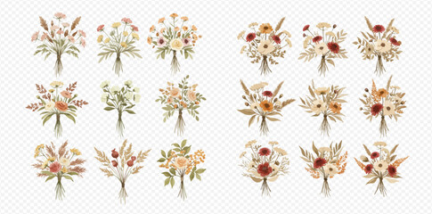 A collection of rustic and bohemian wedding bouquets with dried flowers and pampas grass.