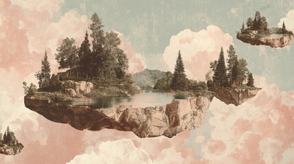 Surreal collage poster featuring floating islands in a vintage travel postcard style, in soft pastel tones with a dreamy aesthetic, perfect for creative agencies, advertising, and art projects.