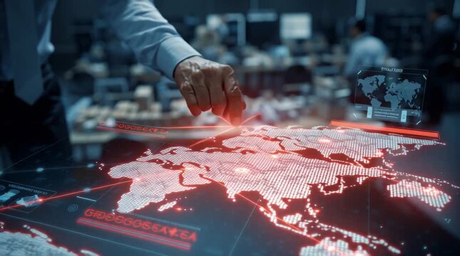 Logistics manager reviews a holographic world map showing a real-time supply chain. Glowing lines link factories, ships, and hubs. They tap a red flashing bottleneck icon revealing alert details.
