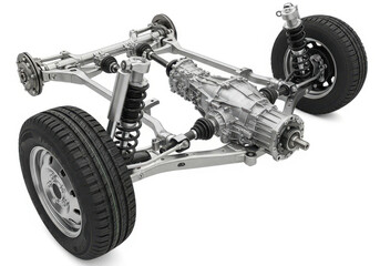 Automotive front suspension and drivetrain assembly isolated on white background