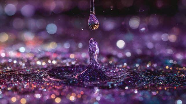 A water droplet cascading onto a surface covered in glittering purple sparkles.