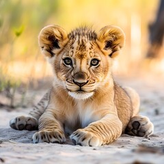 Obraz premium Adorable lion cub lying on sand in natural habitat