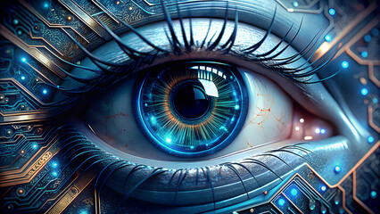 Close up of a futuristic human eye with intricate digital circuitry and glowing blue lights reflecting the advanced technology of artificial intelligence