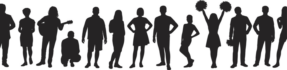 Silhouettes, diverse group, people standing, posing, teamwork, unity, community, inclusive, stock photo, various activities, collaboration, multicultural, abstract, togetherness, human figures, 