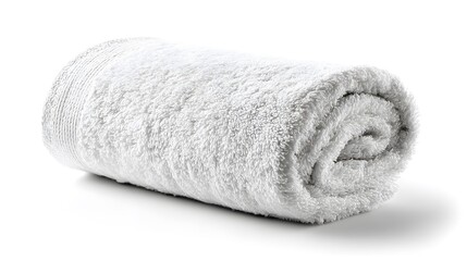 A neatly rolled white towel, soft and fluffy, ready for use. The towel is pristine and evokes a sense of cleanliness and comfort.