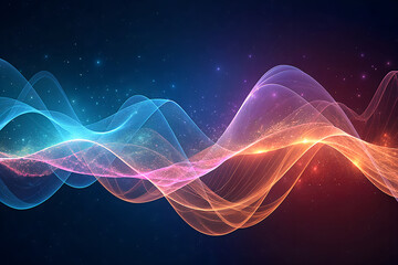 Vibrant abstract glowing sound wave flowing across a dark background with shimmering particles and a gradient of blue to orange light
