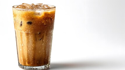 An iced coffee in a tall glass with ice cubes