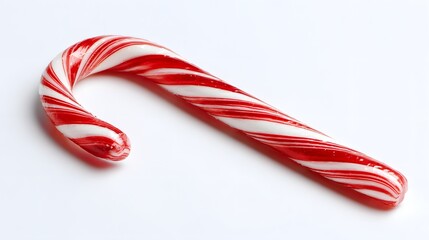 A close-up shot of a red and white striped candy cane, isolated on a clean surface. The candy cane is curved and shiny