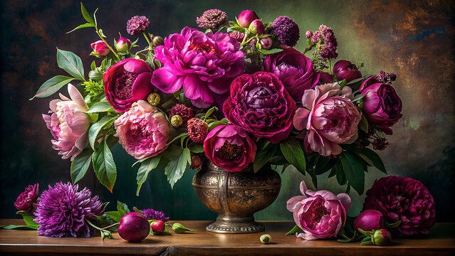 A luxurious still life arrangement of vibrant magenta and pink peonies and dahlias in an ornate vase on a wooden surface - Powered by Adobe