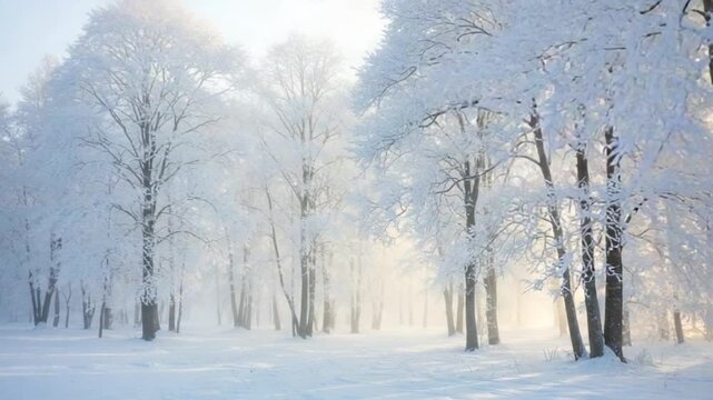 Tranquil snow-covered forest with frosted trees glowing softly in the gentle winter sunlight
