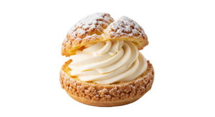 Frischer Windbeutel mit Sahnefüllung auf transparentem Hintergrund – Studioaufnahme