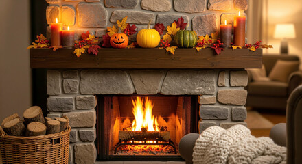 Cozy autumn fireplace decorated with pumpkins, leaves, and candles for a warm ambiance