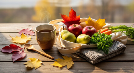Cozy autumn morning with hot tea, fresh fruit, and colorful leaves on a rustic table