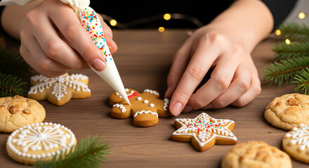 Decorating gingerbread cookies with colorful icing for Christmas and winter holidays