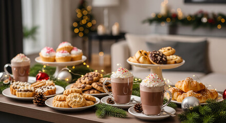 Cozy Christmas table filled with hot chocolate and delicious pastries