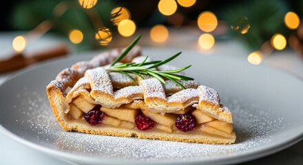 Slice of traditional apple pie with cranberries and rosemary, perfect for holidays