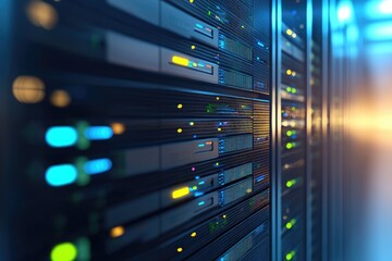 Naklejka premium High-performance data center server racks with colorful LED lights and warm ambient glow, ideal for IT infrastructure, AI computing, cloud systems, and cybersecurity visuals