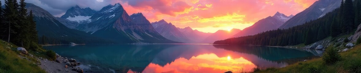Obraz premium A breathtaking panoramic view of a pristine mountain lake reflecting a vibrant sunset, surrounded by towering peaks and lush forests Perfect for travel, nature, and adventure themes , hills, wild