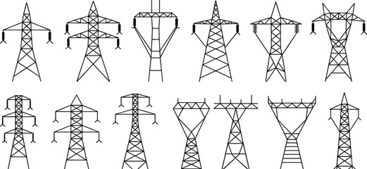 Various electrical transmission towers, power line structures, high voltage pylons, energy infrastructure, industrial engineering, electricity distribution, utility 