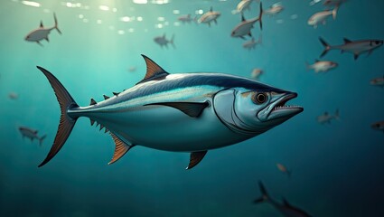 A tuna fish swims in the deep blue ocean.